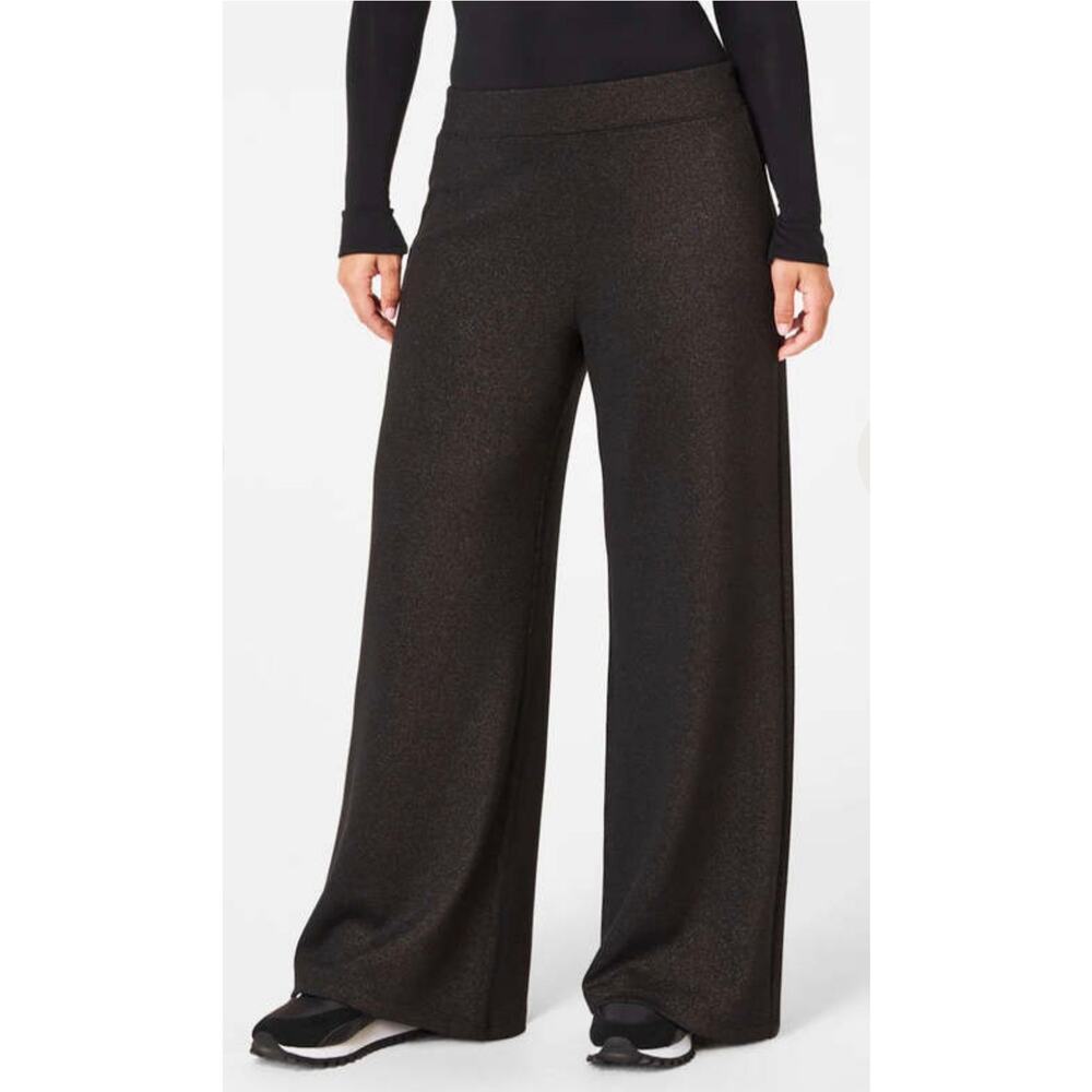 SPANX Women Air-essentials Shine Wide Leg Pant Stretch Black Gunmetal Shimmer M